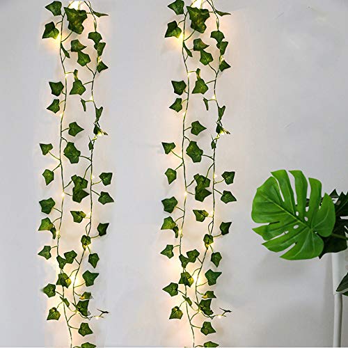 2 Stück Efeu Künstlich, 2M Fake Efeu Girlande mit 20 LED-Licht, Lichterkette mit Blumengirlande ​Hängend Pflanzen für Innenberei, Schlafzimmer, Zuhause, Garten, Büro, Hochzeit, Party Deko von DYBOHF