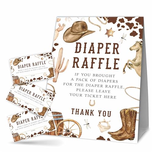 A04 Windel-Raffle Babyparty-Spiel-Set – Western-Cowboy – 1 stehendes Schild + 50 Windel-Tickets – Geschlechtsoffenbarungsspiele, Baby-Ankündigung, Babyparty-Dekoration und Zubehör – A04 von DYIRBIIY