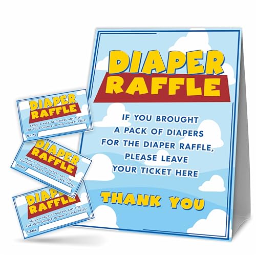 A05 Windel-Raffle Babyparty-Spiel-Set – blauer Himmel und Wolke – 1 stehendes Schild + 50 Windel-Tickets – Geschlechtsoffenbarungsspiele, Baby-Ankündigung, Babyparty-Dekoration und Zubehör von DYIRBIIY