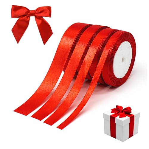 4 Rollen Rot Einseitiges Farbband Schleifenband, 6/10/15/20mm Dauerhaft Schleifenband, 22m Dekoband Geburtstag Taufe Breit, Packung Party Satin Bänder, Geschenkband Hochzeit Stoff für Verpackung von DYMHQ