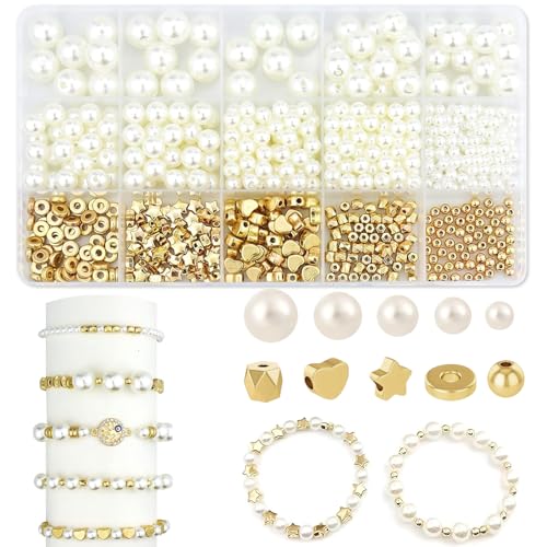 800 Stück Weiße Perlen zum Auffädeln Set, Kunstperlen Abstandsperlen und Bastelperlen Kit, Runde Schmuckperlen 4/6/8/10/12mm Lose Perlen, 5 Formen Gold Abstandsperlen für DIY Halsketten Armbänder von DYMHQ