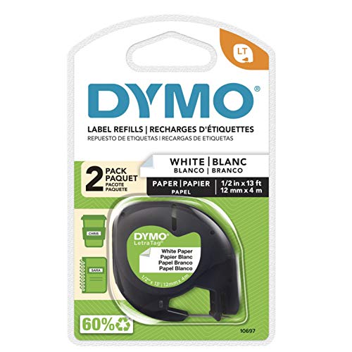 DYMO 10697 Selbstklebendes Papierband für LetraTag Etikettierer, 1,27 cm, Weiß, 3-Fuß-Rolle, 2 Stück Papier 2-roll pack Schwarzes Bild auf Weiß von DYMO