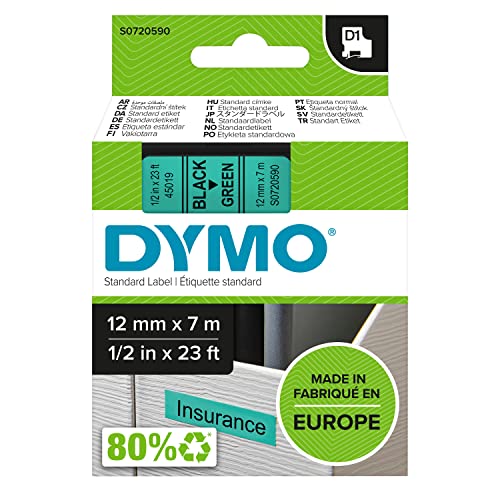 DYMO Original D1-Etikettenband, schwarz auf grün, 12 mm x 7 m, selbstklebendes Schriftband, für LabelManager-Beschriftungsgerät von DYMO