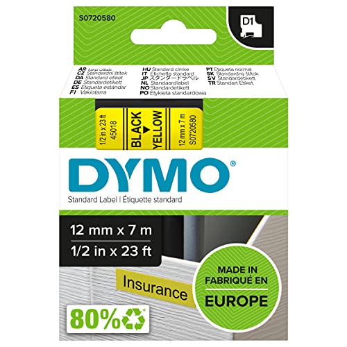 DYMO Original D1-Etikettenband, schwarz auf gelb, 12 mm x 7 m, selbstklebendes Schriftband, für LabelManager-Beschriftungsgerät von DYMO