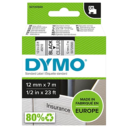 DYMO Original D1-Etikettenband, schwarz auf transparent, 12 mm x 7 m, selbstklebendes Schriftband, für LabelManager-Beschriftungsgerät von DYMO