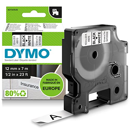 DYMO Original D1-Etikettenband | schwarz auf weiß | 12 mm x 7 m | selbstklebendes Schriftband| für LabelManager-Beschriftungsgerät von DYMO