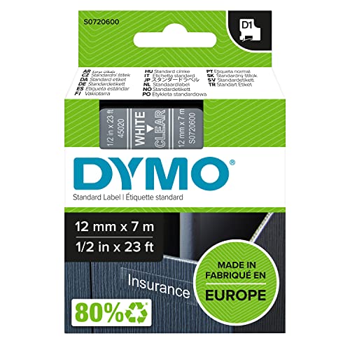 DYMO Original D1-Etikettenband, weiß auf transparent, 12 mm x 7 m, selbstklebendes Schriftband, für LabelManager-Beschriftungsgerät von DYMO