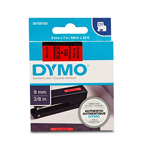 DYMO D1 authentische selbstklebende Etiketten | 9 mm x 7 m Rolle | schwarzer Druck auf rotem Hintergrund | selbstklebend | für LabelManager Etikettendrucker von DYMO