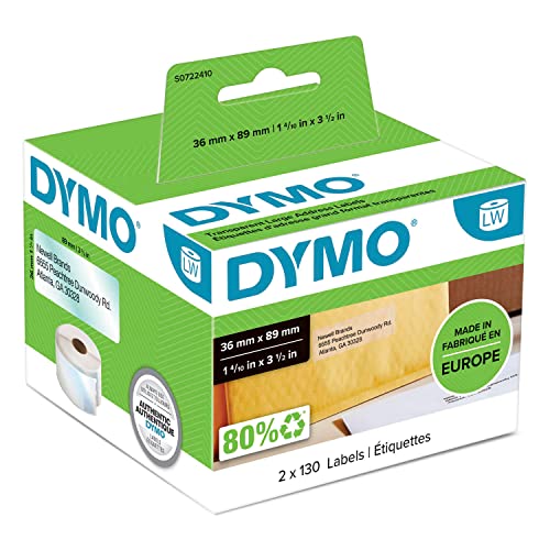 DYMO Original LabelWriter Adressetiketten | 36 mm x 89 mm | schwarz auf transparent | 2 Rollen mit je 130 leicht ablösbaren Etiketten (260 Etiketten) | für LabelWriter Etikettendrucker von DYMO