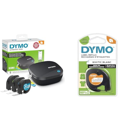 DYMO LetraTag 200B-Beschriftungsgerät mit Bluetooth & Original LetraTag Bügeletiketten | schwarz auf weiß | 12 mm x 2 m | Stoffetikettenband für LetraTag-Beschriftungsgerät von DYMO