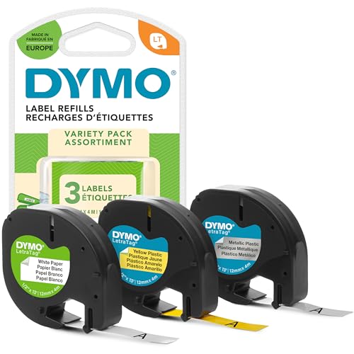 DYMO Original LetraTag Etikettenband | Papier/Kunststoff/Metall | 12 mm x 4 m | selbstklebendes Etiketten | für LetraTag-Beschriftungsgerät | 3 Etikettenkassetten von DYMO