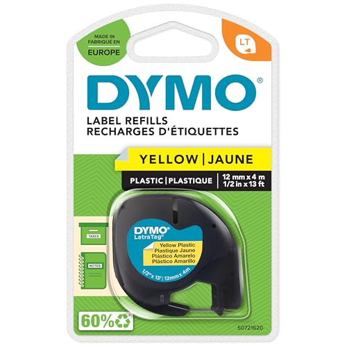 DYMO Original LetraTag Etikettenband | schwarz auf gelb | 12 mm x 4 m | selbstklebendes Kunststoffetiketten | für LetraTag-Beschriftungsgerät von DYMO