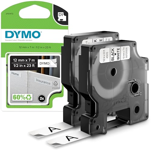 DYMO Original D1-Etikettenband | schwarz auf weiß | 12 mm x 7 m | selbstklebendes Schriftband| für LabelManager-Beschriftungsgerät | 2 Etikettenkassetten von DYMO