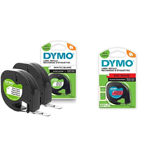 DYMO Original LetraTag Papier Etikettenband | schwarz auf weiß | 12 mm x 4 m | selbstklebendes Schriftband | 2 Etikettenkassetten & Original LetraTag Etikettenband | schwarz auf rot | 12 mm x 4 m von DYMO