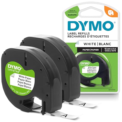 DYMO Original LetraTag Papier Etikettenband | schwarz auf weiß | 12 mm x 4 m | selbstklebendes Schriftband | für LetraTag-Beschriftungsgerät | 2 Etikettenkassetten von DYMO