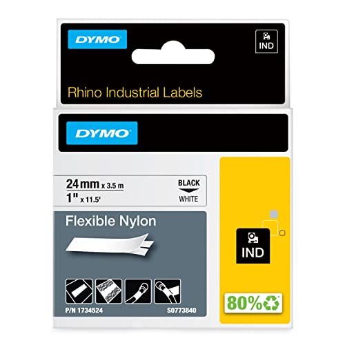 DYMO Rhino Industrie Nylonetiketten, flexibel, 24 mm x 3,5 m, schwarze Schrift auf weißem Untergrund, selbstklebendes Schriftband von DYMO