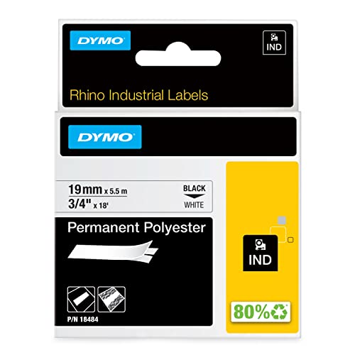 DYMO Rhino Industrie Permanente Polyesteretiketten | 19 mm x 5,5 m | Schwarz auf Weiß | selbstklebendes Schriftband | für DYMO Rhino und LabelManager Beschriftungsgerät von DYMO