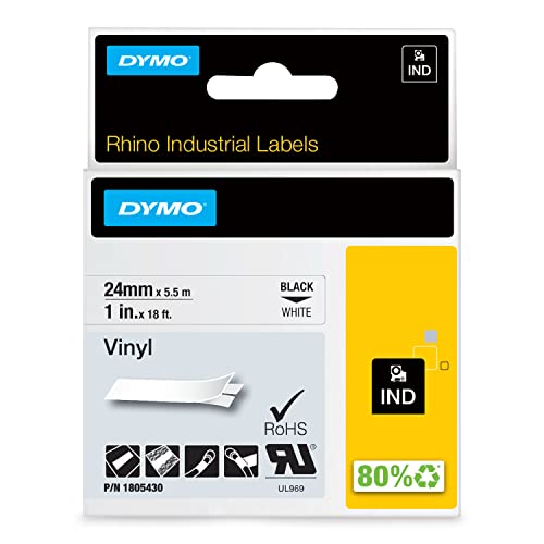 DYMO Rhino-Industrie-Vinyletiketten, 24 mm x 5,5 m, schwarzer Druck auf weißem Untergrund, selbstklebendes Schriftband von DYMO