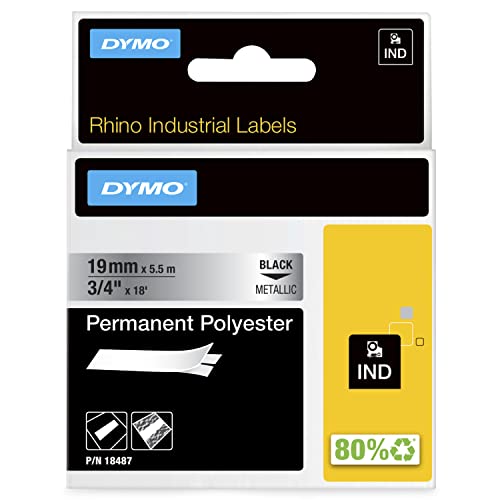 DYMO Rhino Industrie Permanente Polyesteretiketten | 6 mm x 5,5 m | Schwarz auf Metallic | selbstklebendes Schriftband | für DYMO Rhino und LabelManager Beschriftungsgerät von DYMO