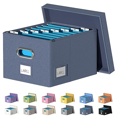 DYWMM Faltbare Aufbewahrungsbox, Kiste, Plastikbox für Büro, Aktenbox mit Deckel, Dokumenten-Organizer für Büro und Zuhause, einfach zu schieben, langlebige Hängeregistraturbox (Marineblau) von DYWMM