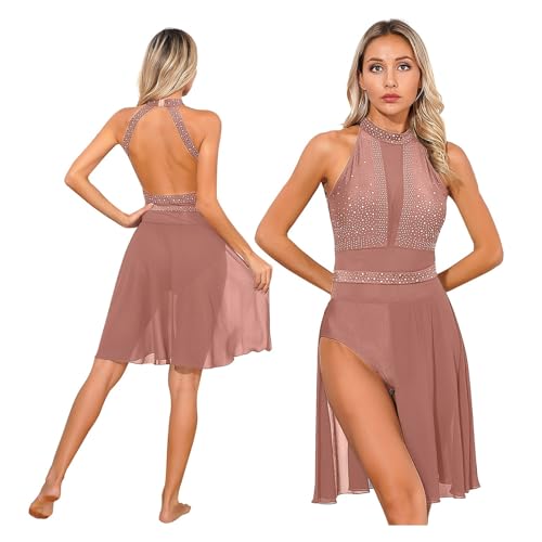 DYYEUAVT Damen-Gymnastikkleid for modernes, zeitgenössisches Ballett, glitzerndes Strass-Ballettkleid mit transparentem Netzstoff, lyrisches Eiskunstlauf-Tanzkleid(Dusty Pink,L) von DYYEUAVT