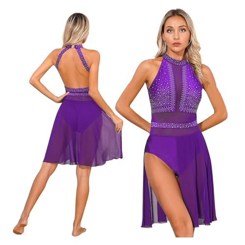 DYYEUAVT Damen-Gymnastikkleid for modernes, zeitgenössisches Ballett, glitzerndes Strass-Ballettkleid mit transparentem Netzstoff, lyrisches Eiskunstlauf-Tanzkleid(Purple,S) von DYYEUAVT