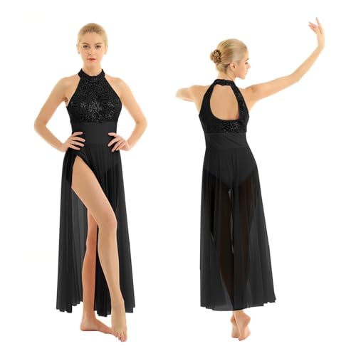 DYYEUAVT Lyrisches Damen-Tanzkleid mit Pailletten, Netzstoff, Ballett-Gymnastik-Trikot, Tanzkleidung, zeitgenössisches Ballsaal-Bühnenkostüm(Black,L) von DYYEUAVT