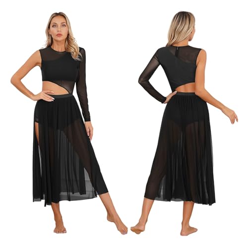 DYYEUAVT Lyrisches Tanzkleid for Damen, Ausschnitt, Netzstoff, Patchwork, moderner lateinamerikanischer Tanz, zeitgenössische Bühnenaufführung, Ballerina-Kostüm(Black,XL) von DYYEUAVT