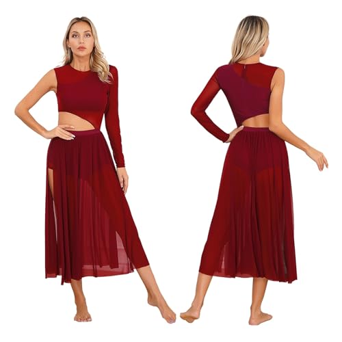 DYYEUAVT Lyrisches Tanzkleid for Damen, Ausschnitt, Netzstoff, Patchwork, moderner lateinamerikanischer Tanz, zeitgenössische Bühnenaufführung, Ballerina-Kostüm(Burgundy,M) von DYYEUAVT