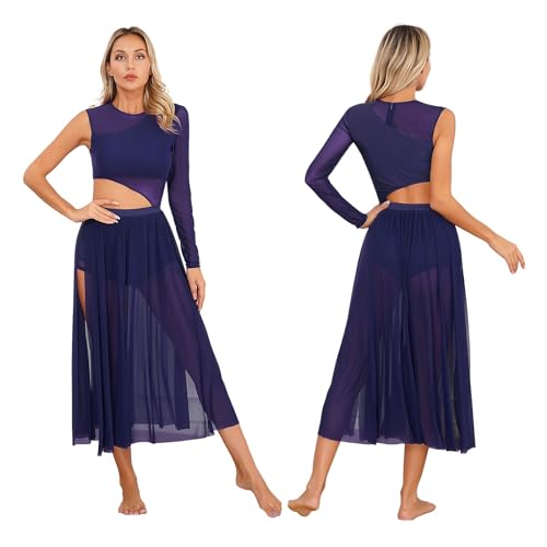 DYYEUAVT Lyrisches Tanzkleid for Damen, Ausschnitt, Netzstoff, Patchwork, moderner lateinamerikanischer Tanz, zeitgenössische Bühnenaufführung, Ballerina-Kostüm(Deep Blue,L) von DYYEUAVT