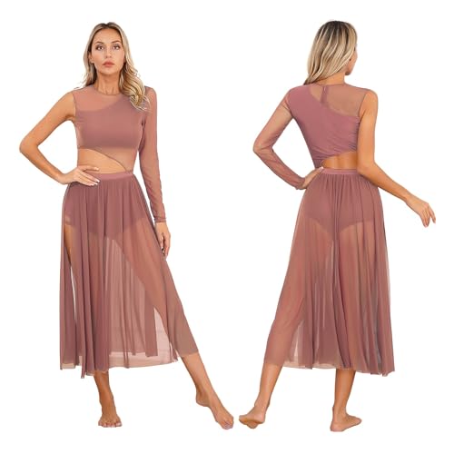 DYYEUAVT Lyrisches Tanzkleid for Damen, Ausschnitt, Netzstoff, Patchwork, moderner lateinamerikanischer Tanz, zeitgenössische Bühnenaufführung, Ballerina-Kostüm(Dusty Pink,L) von DYYEUAVT