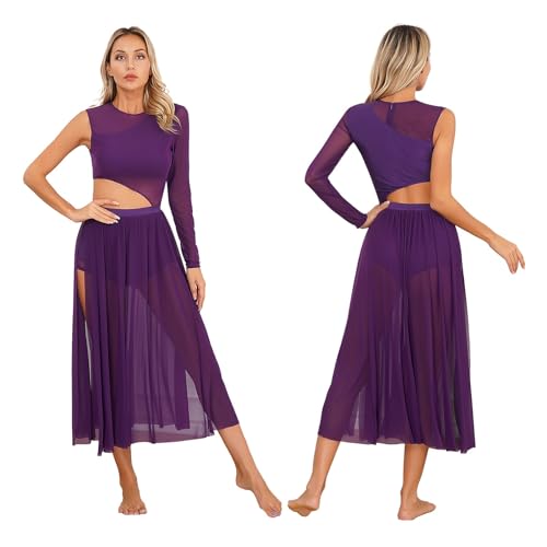 DYYEUAVT Lyrisches Tanzkleid for Damen, Ausschnitt, Netzstoff, Patchwork, moderner lateinamerikanischer Tanz, zeitgenössische Bühnenaufführung, Ballerina-Kostüm(Purple,L) von DYYEUAVT