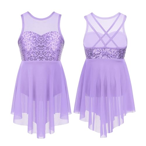 DYYEUAVT Mädchen-Ballettkleid mit glänzenden Pailletten, ärmellos, Netzstoff, Tüll, lyrischer Tanz, moderner, zeitgenössischer Body, Trikotkleid, Kostüm(A-Lavender,10) von DYYEUAVT