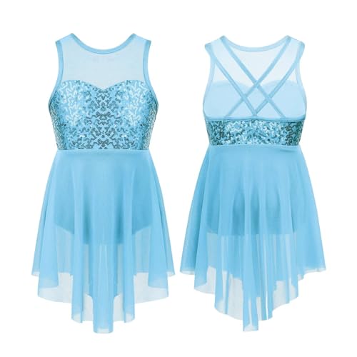 DYYEUAVT Mädchen-Ballettkleid mit glänzenden Pailletten, ärmellos, Netzstoff, Tüll, lyrischer Tanz, moderner, zeitgenössischer Body, Trikotkleid, Kostüm(A-Light Blue,10) von DYYEUAVT