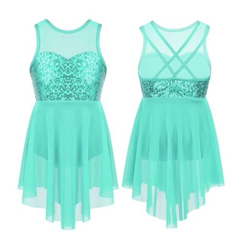 DYYEUAVT Mädchen-Ballettkleid mit glänzenden Pailletten, ärmellos, Netzstoff, Tüll, lyrischer Tanz, moderner, zeitgenössischer Body, Trikotkleid, Kostüm(A-Mint Green,8) von DYYEUAVT