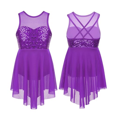 DYYEUAVT Mädchen-Ballettkleid mit glänzenden Pailletten, ärmellos, Netzstoff, Tüll, lyrischer Tanz, moderner, zeitgenössischer Body, Trikotkleid, Kostüm(A-Purple,10) von DYYEUAVT