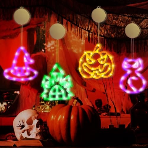 DZAY Halloween Dekorationen Led Fenster Licht,4 Stück Halloween Fensterlichter Hängende Lichterkette für Innen Aufhängen,Halloween Fensterlichter mit Saugnapf Lichterkette Fensterdekoration (4 Stück) von DZAY