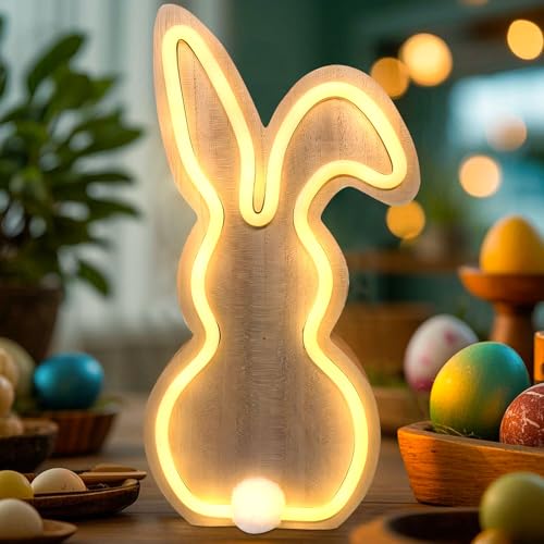 DZAY Osterdeko Beleuchtet Hase deko,Osterhasen Figuren aus Holz Lichterdeko Tischlampe,Frühlingsdeko Led Osterdekoration Modern Osterschmuck,Led Osterbeleuchtung Hasen Lampe Osterlichterkette von DZAY