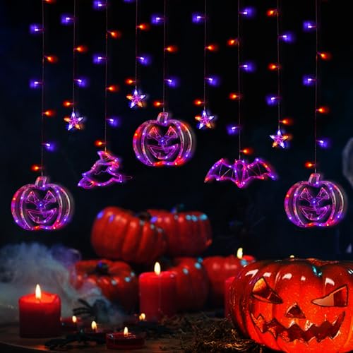 Halloween Deko Fenster Lichterketten,Halloween Led Lichterkette mit Kürbis Geist Spinnen Augapfel Hängende Vorhang Lichter,mit Fernbedienung 8 Modus für Halloween Dekorationen (High-Low Style) von DZAY