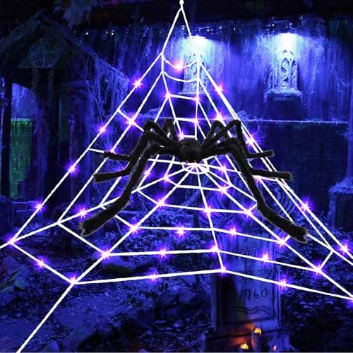 Halloween Deko Lichterkette Garten Riesen Spinnennetz mit LED-Lichter,Halloween Dekoration Riesen Spinnennetz Garten Deko Außen Riesenspinne für Party Indoor Outdoor Halloween Dekolichter (Spinnen) von DZAY