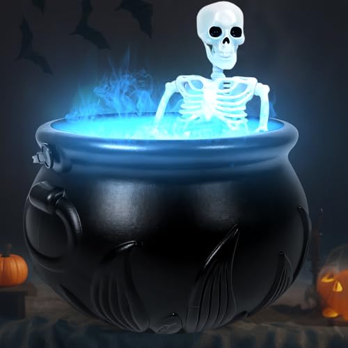 Halloween Deko Outdoor Hexenkessel mit Nebelmaschine,Halloween Witches Cauldron Kunststoff Großer Hexentopf mit Beleuchtung,Hexenkessel Süßigkeiten Kessel Halloween Partys Dekoration (Skelett) von DZAY