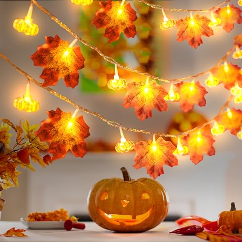 Herbstdeko Lichterkette Deko Herbst Innen,Herbst Girlande mit Licht Ahornblätter Kürbis Lichterketten 4m 40 LEDs,Herbst Dekoration Hängend Girlande for Erntedankfest Herbstdeko Aesthetic (4m) von DZAY