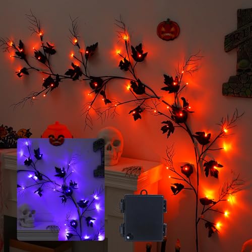 LED Lichterkette für Halloween Dekorationen,6.5Ft 48LEDs Halloween Innen Deko Schwarz Weidenranken Zweige Lichter Batteriebetrieben für Outdoor Indoor Weidenrebe Baum Lichterketten (Ahornblätter) von DZAY