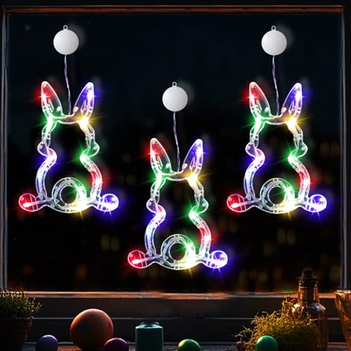 Led Lichterkette Ostern Osterfenster Lichter Osterhase Shaped Multicolor Ostern Deko Hängende String Lichter mit Saugnapf,Osterbeleuchtung für Deko Lichterkette Innen Haus (3 Stück) von DZAY