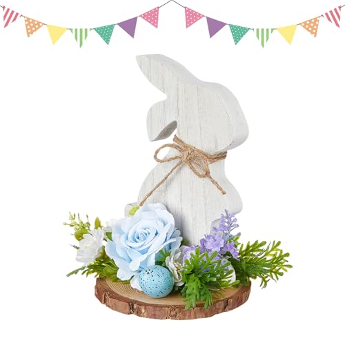 Osterdeko Osterhase Bauernhaus Holz Kaninchen mit Blumen für Tischdekorationen Holzfiguren Frühling Osterdekoration,Oster Deko Holzhasen Bunny Tischdekorationen Holzfiguren (A) von DZAY