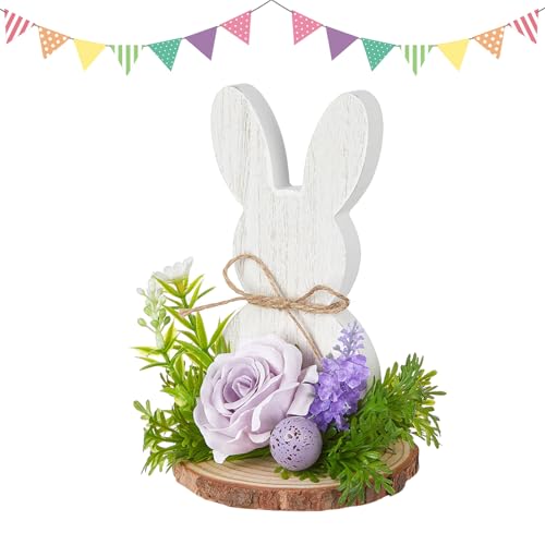 Osterdeko Osterhase Bauernhaus Holz Kaninchen mit Blumen für Tischdekorationen Holzfiguren Frühling Osterdekoration,Oster Deko Holzhasen Bunny Tischdekorationen Holzfiguren (B) von DZAY