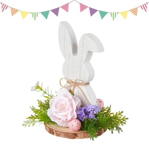 Osterdeko Osterhase Bauernhaus Holz Kaninchen mit Blumen für Tischdekorationen Holzfiguren Frühling Osterdekoration,Oster Deko Holzhasen Bunny Tischdekorationen Holzfiguren (C) von DZAY