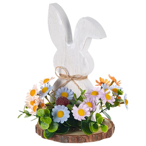 Osterdeko Osterhase Bauernhaus Holz Kaninchen mit Blumen für Tischdekorationen Holzfiguren Frühling Osterdekoration,Oster Deko Holzhasen Bunny Tischdekorationen Holzfiguren (F) von DZAY