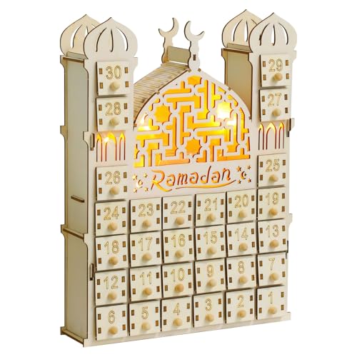 Ramadan Deko Adventskalender zum Befüllen,Ramadan Countdown Kalender aus Holz mit Lichtern und 30 Schubladen,Ramadan Kalender Kirchen Desktop Kalender Umrah Mubarak Deko Kalender (Holz) von DZAY