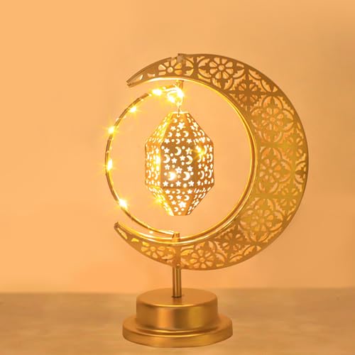 Ramadan Deko Lichterkette Lampe Tischdeko Schreibtischlampe von Batteriebetrieben,Ramadan Dekoration LED Lichterkette Mond Stern Tischleuchte,Metall Eid Mubarak Dekoration Geschenk (Laterne) von DZAY